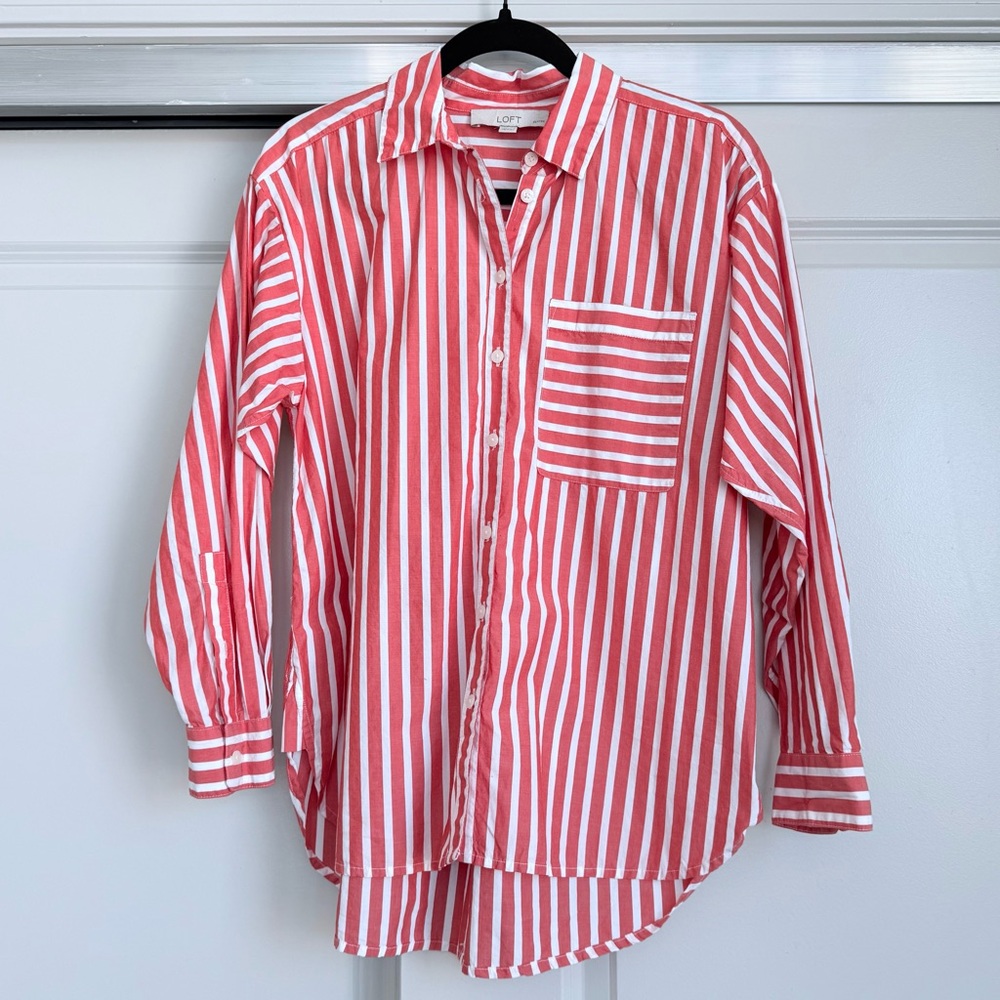 LOFT Red and White Striped Button-Down Shirt